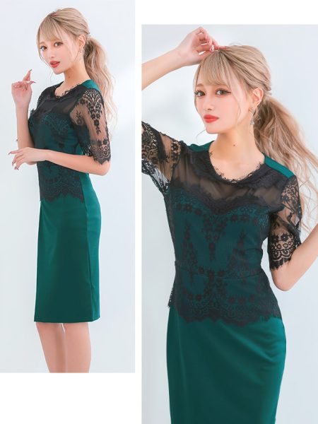 ブラック刺繍レースタイト袖あり膝丈プチプラドレスのイメージ画像2