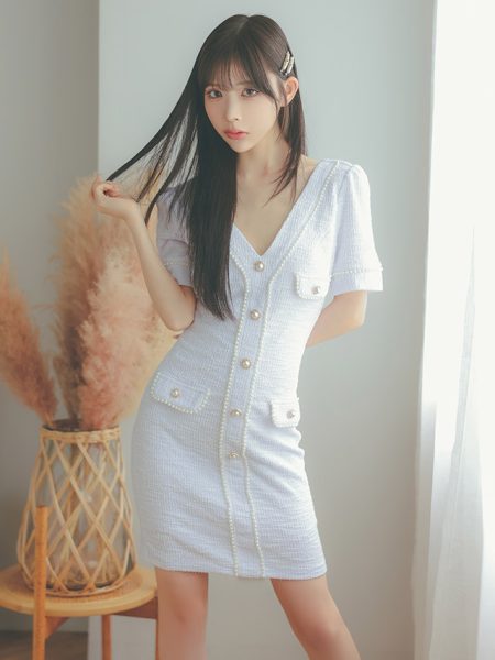 袖ありVネック縁取りパールボタンデザインストレッチニットタイトミニドレスのイメージ画像3
