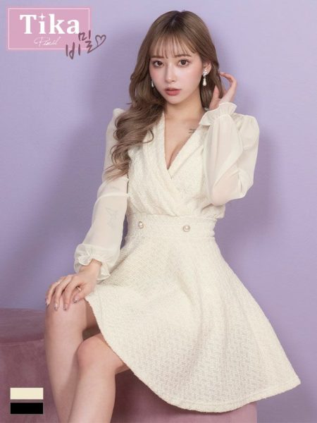 キャバドレス ミニ丈 韓国 ワンピース Aライン Tika ティカ カシュクール長袖パフスリーブラメ入りニットフレアミニドレス