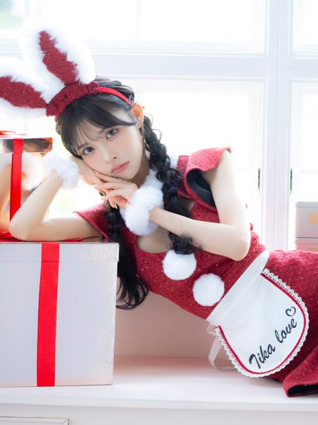 サンタコス 4点set ボリュームフリルスリーブツイードラメフレアスカートガーリーバニーメイドアニマルサンタコスプレのイメージ画像3