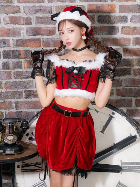 サンタコス 6点set ふわふわファー付きオフショルブラックレースへそ出しセパレートドロストスカート猫アニマルサンタコスプレのイメージ画像3