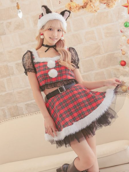 サンタコス 4点set ドットチュールフリルデザイン猫サンタコスプレのイメージ画像3