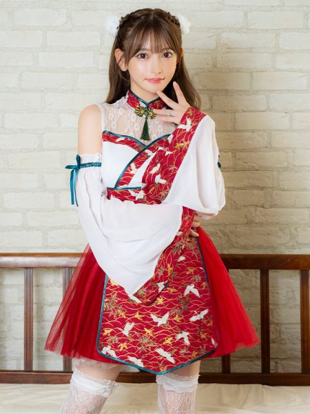 ハロウィンコスプレ 付け袖ありフレアスカート体型カバー鶴柄和装束のイメージ画像2