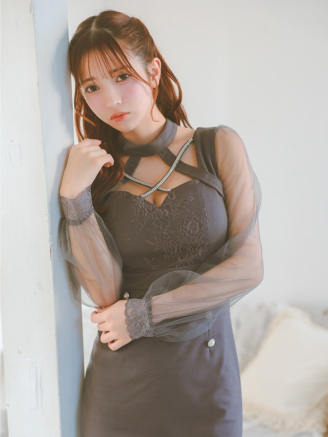 デコルテクロスビジューダブルボタンシアー長袖タイトミニドレスのイメージ画像4