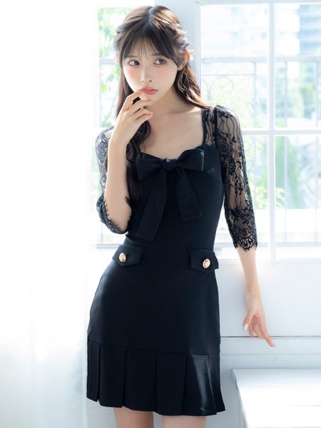 袖ありレース切り替えバストリボンボックスプリーツタイトミニドレスのイメージ画像3