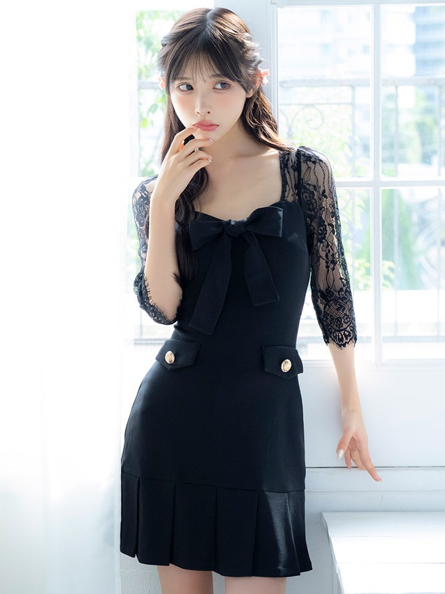 袖ありレース切り替えバストリボンボックスプリーツタイトミニドレスのイメージ画像3
