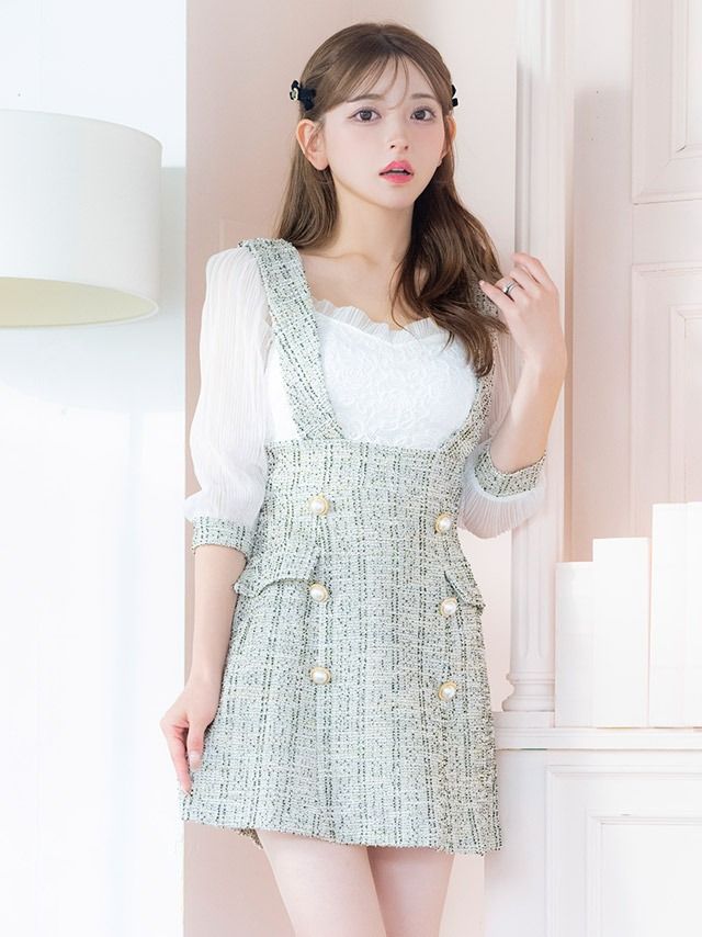 シアー袖ありレース切替サロペット風パールダブルボタンツイード風フレアミニドレス