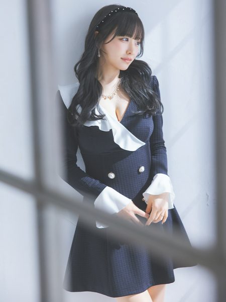 長袖カシュクールアシメフリルダブルボタンモノトーンフレアミニドレスのイメージ画像3