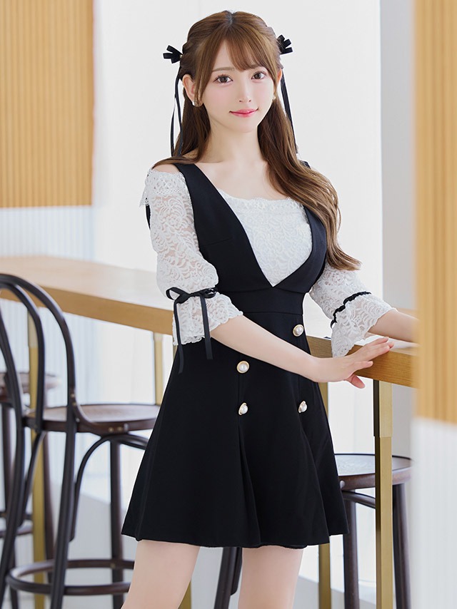 モノトーン袖ありレースハイウエスト切替フレアミニドレスのイメージ画像3