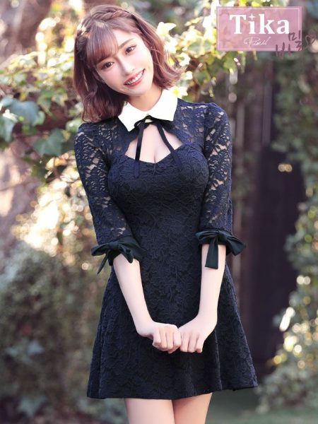 メイン画像 キャバドレス 韓国 [Tika/ティカ]明日花キララ着用 襟付き リボン 総レース フレア ミニドレス ネイビー S?Lサイズ 韓国ドレス キャバ ドレス aライン 大きいサイズ ミニ 膝丈 キャバワンピ 私服 シンプル ワンピース 紺 通販