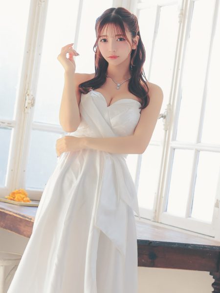 ハートカットベアウエストアシンメトリーリボンサテンスリットAラインロングバースデードレスのイメージ画像3