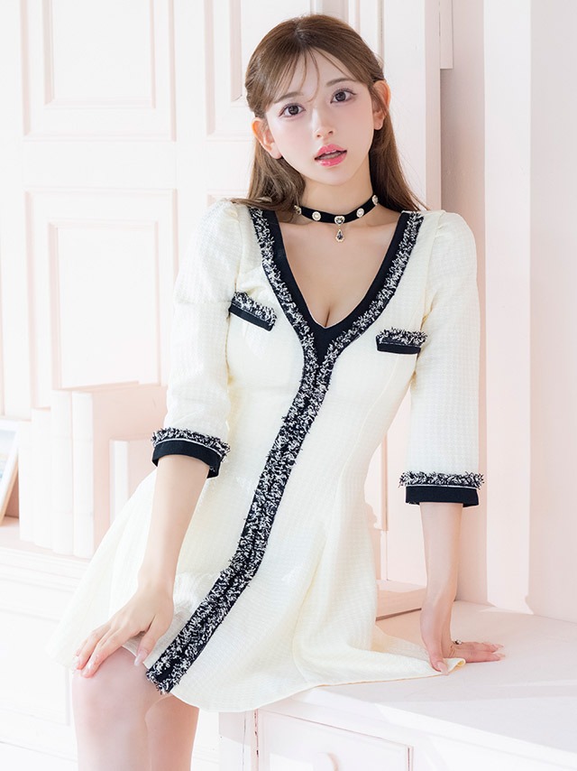 韓国ドレス 異素材モノトーン七分袖フレアミニドレス