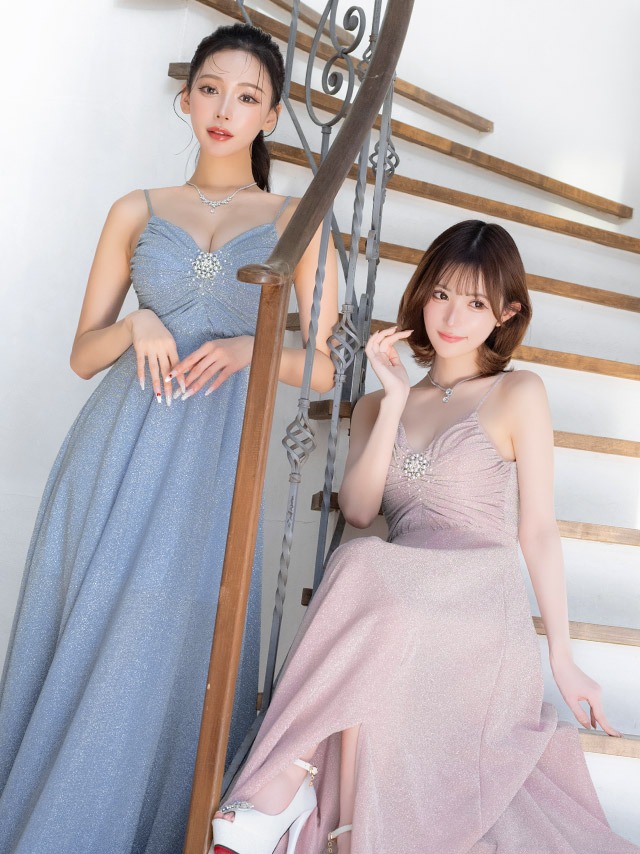 キャミソールバストギャザーパールビジューグリッターラメスリットAラインロングドレスのイメージ画像2