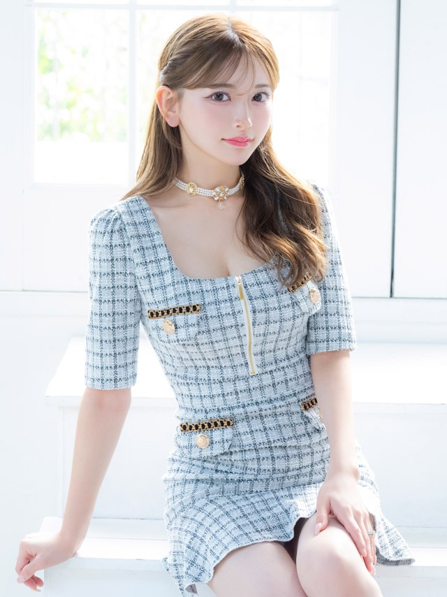 ツイードチェック柄チェーンボタン袖ありバストジップウエストカットアウト裾フリルタイトミニドレスのイメージ画像3