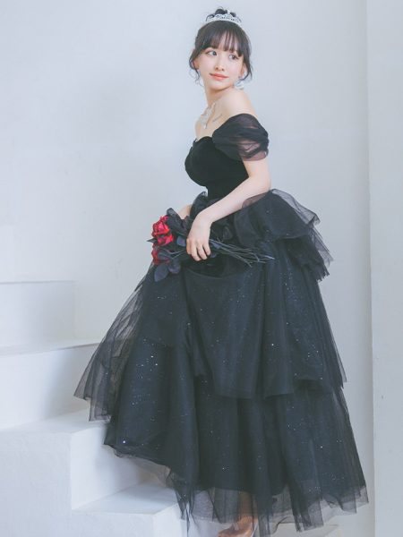 2Wayオフショルダーベロア切り替えゴージャスチュールラメAラインロングバースデードレスのイメージ画像3