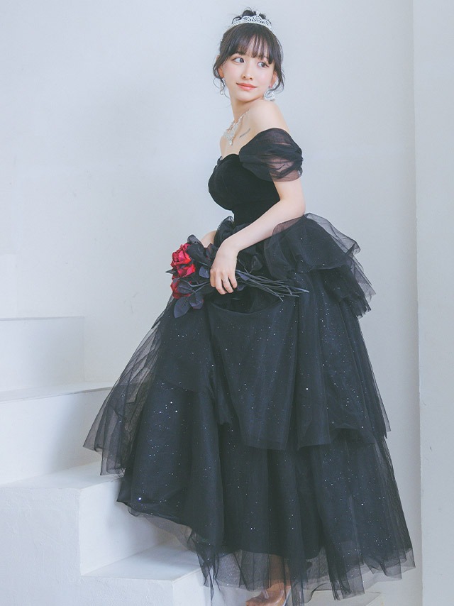 2Wayオフショルダーベロア切り替えゴージャスチュールラメAラインロングバースデードレスのイメージ画像3