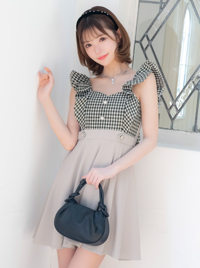 キャミソールフリル袖ギンガムチェック切り替えフレアミニドレスのイメージ画像2