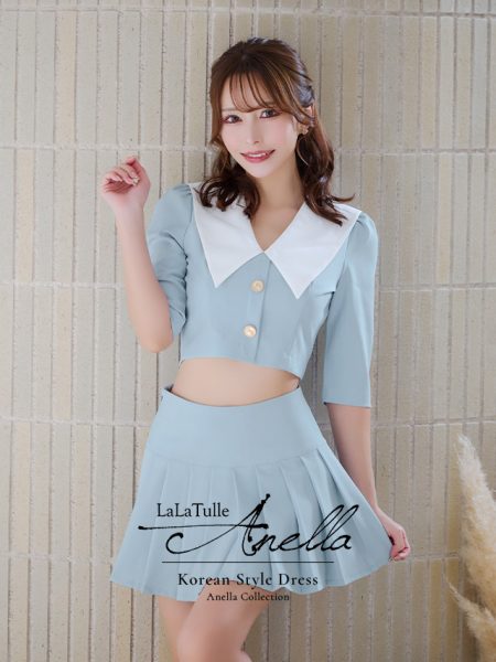 襟デザイン袖ありショートトップス×プリーツスカートセットアップフレアミニ韓国ドレスのイメージ画像1