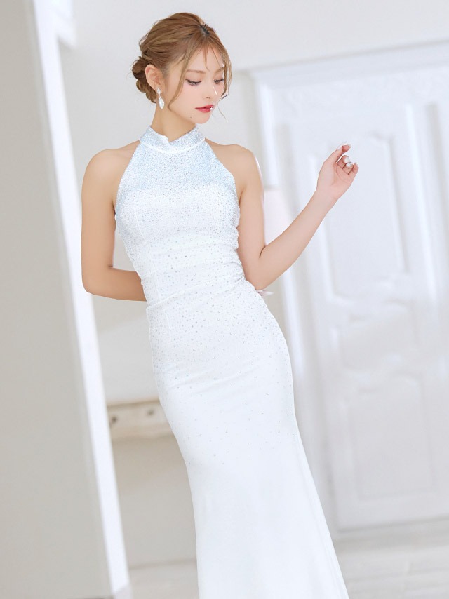 ホルターネックキラキラビジューデザインストレッチタイトロングドレスのイメージ画像3