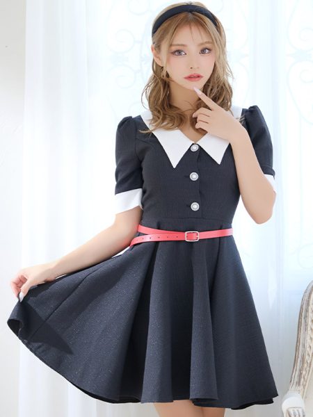 ウエストベルト付き袖あり襟デザインバイカラーツイードラメ膝丈フレアミニドレスのイメージ画像2