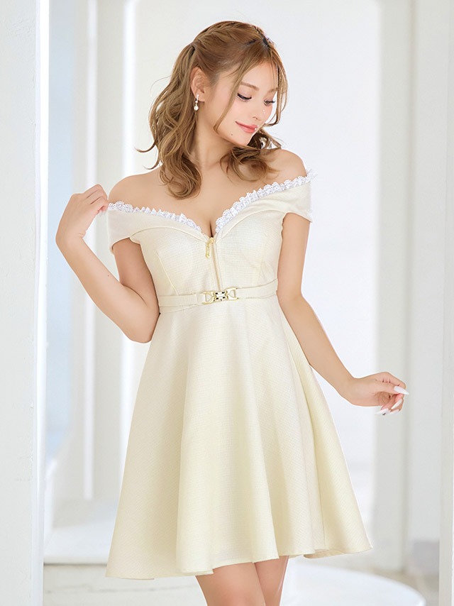バストジップオフショルダーホワイトレースウエストベルト付きツイードフレアミニドレスのイメージ画像3