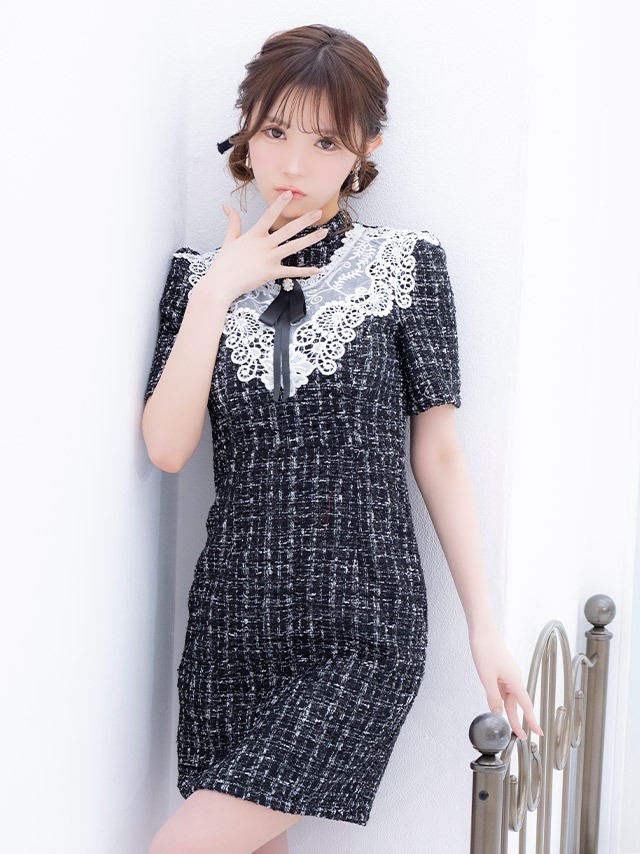 ハイネックリボンフラワーレース袖ありツイードチェック柄タイトミニドレスのイメージ画像4