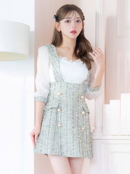 シアー袖ありレース切替サロペット風パールダブルボタンツイード風フレアミニドレス