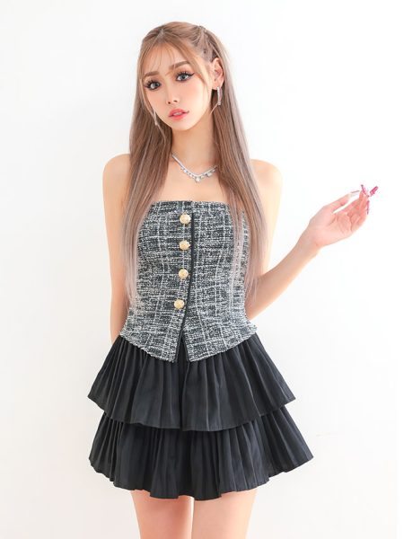 ツイード素材のAラインセットアップドレス。ウエストマークで低身長さんもスタイル良く見えるキャバドレス。