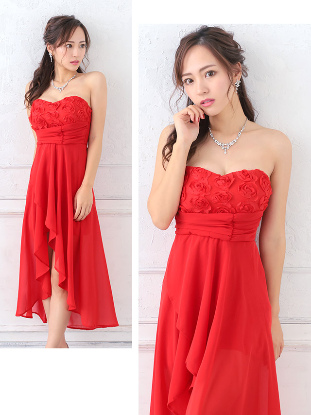 ウエスト切替フラワーモチーフタイトミニロングテールドレス