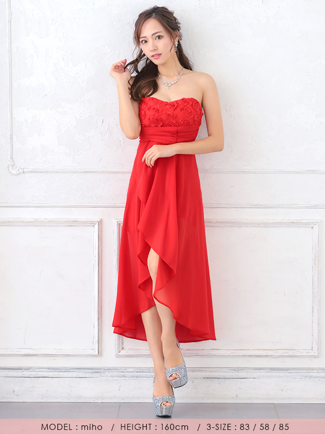 ウエスト切替フラワーモチーフタイトミニロングテールドレス