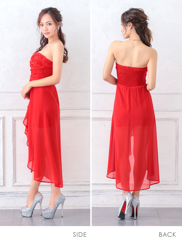 ウエスト切替フラワーモチーフタイトミニロングテールドレス