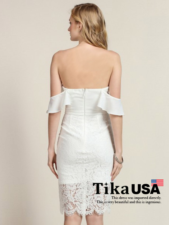 高品質USAドレス フリルオフショルダーレースタイトミニドレス