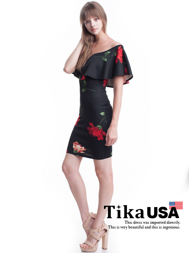高品質USAドレス Vネックフラワープリントオフショルタイトミニドレス