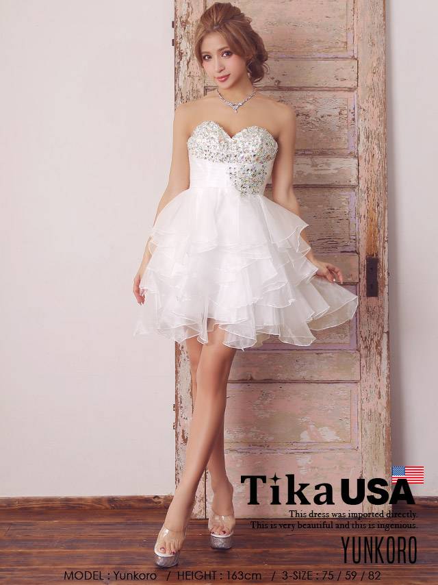 高品質USAドレス 胸元ビジューシフォンフリルミニドレス