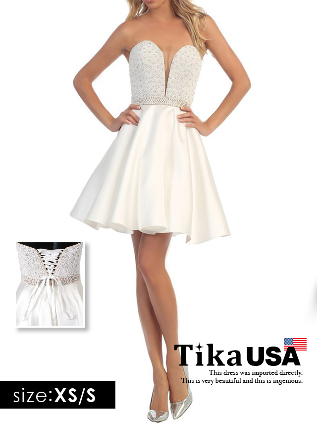 高品質USAドレス 胸元シースルービジュー切替フレアミニドレス